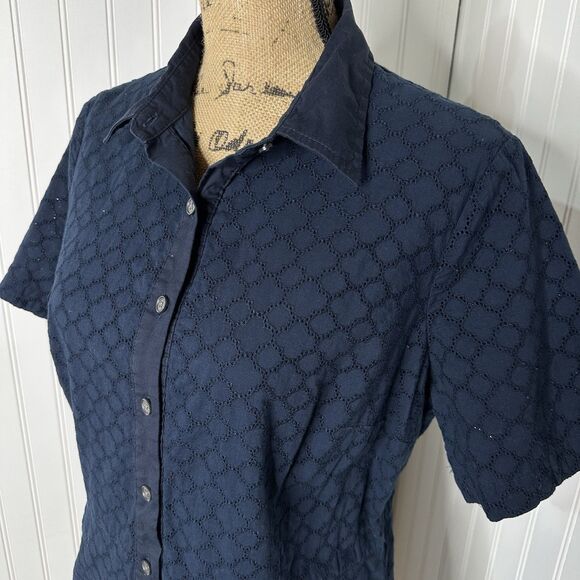 Lands End Eyelet Popover Dress Sz 14 Navy Blue Midi Vacation Career Pockets - Picture 2 of 15